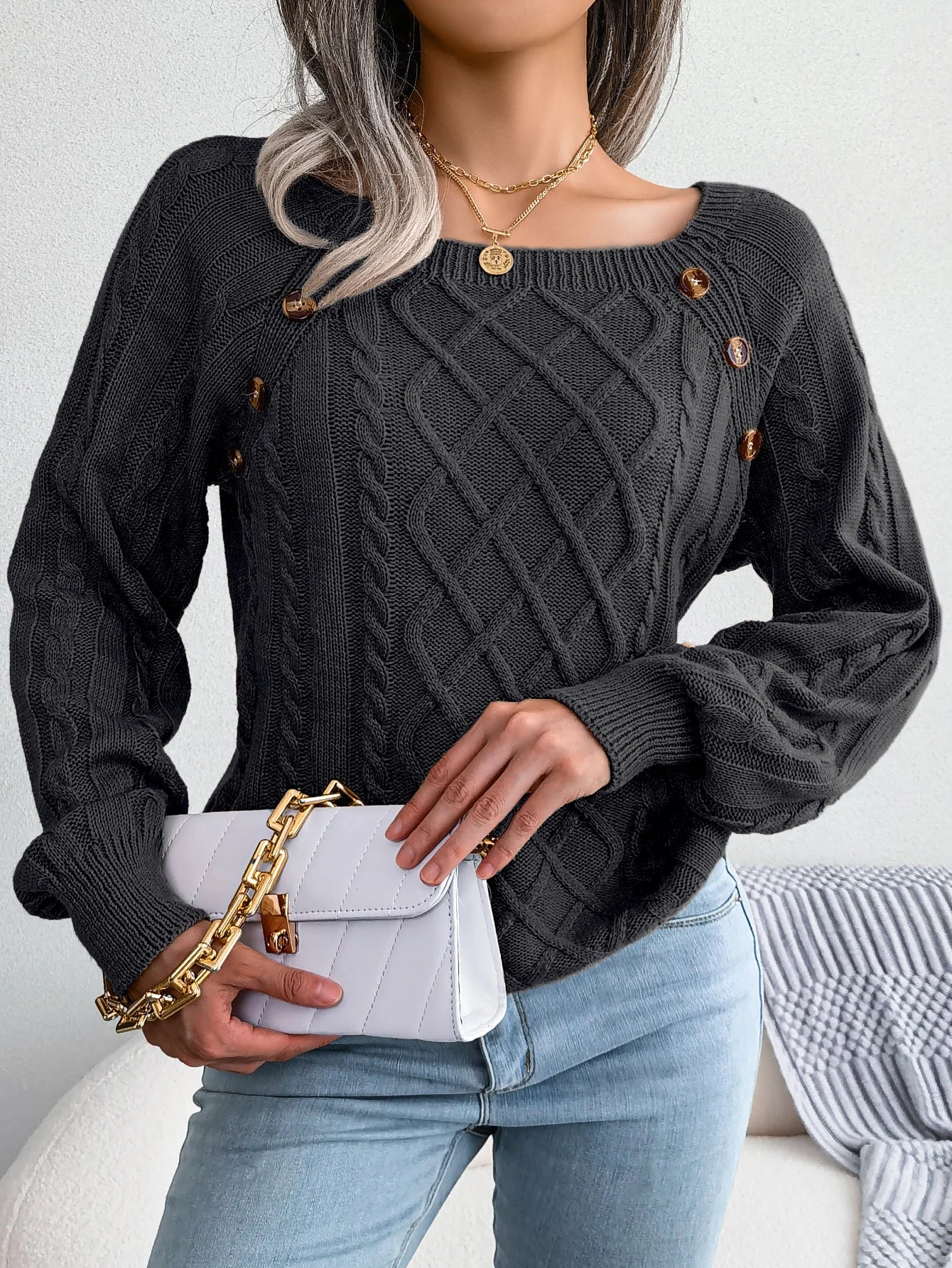 Square Collar Button Detail Knit Pullover