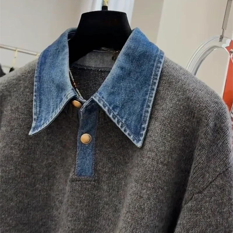 Denim Patchwork Knit Sweater