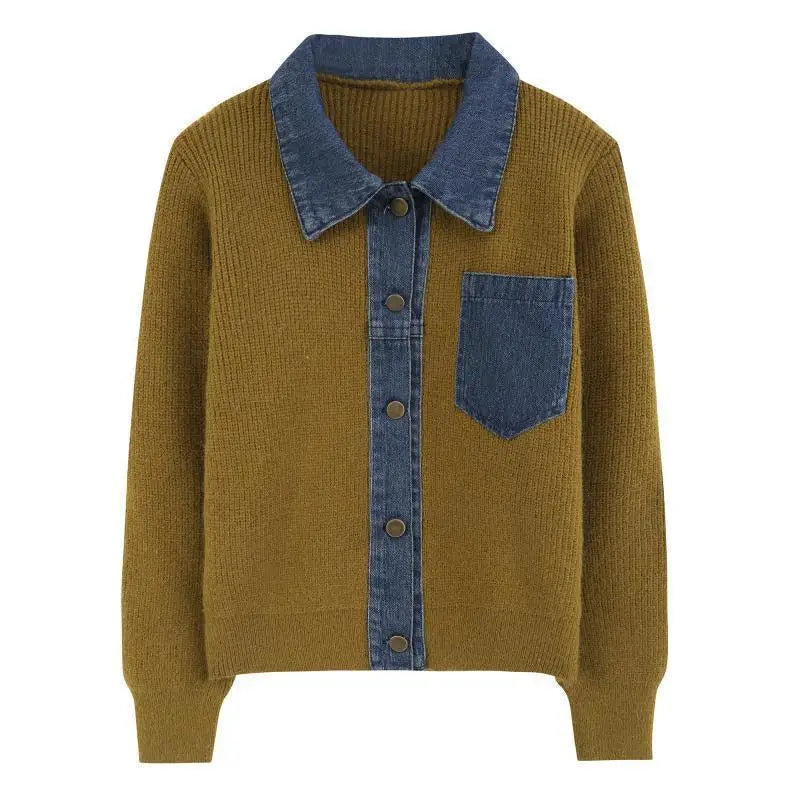 Denim Patchwork Knit Polo Cardigan