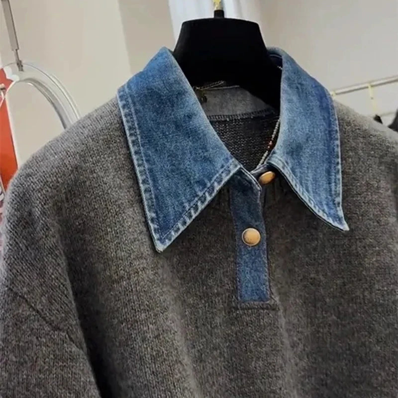 Denim Patchwork Knit Sweater
