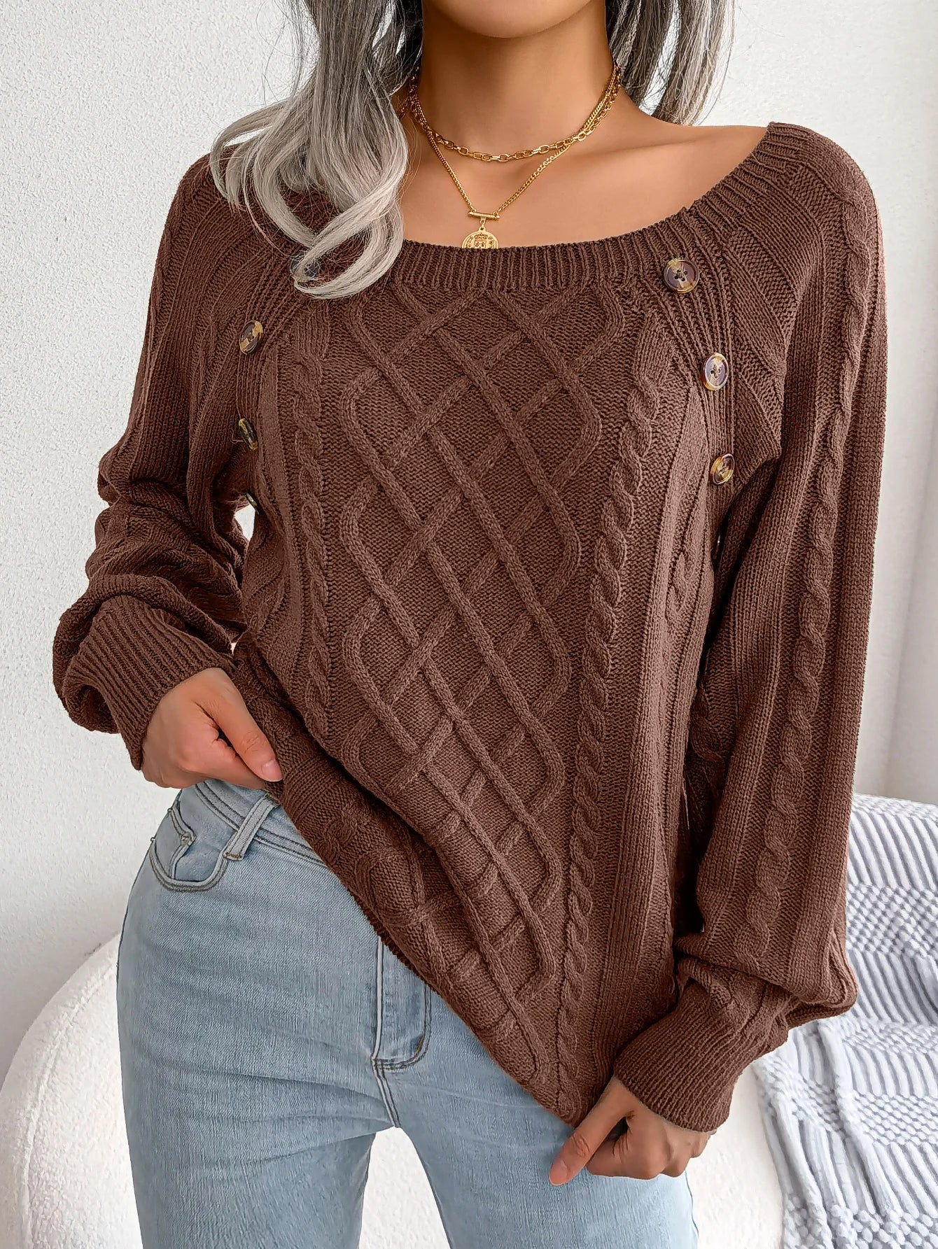 Square Collar Button Detail Knit Pullover