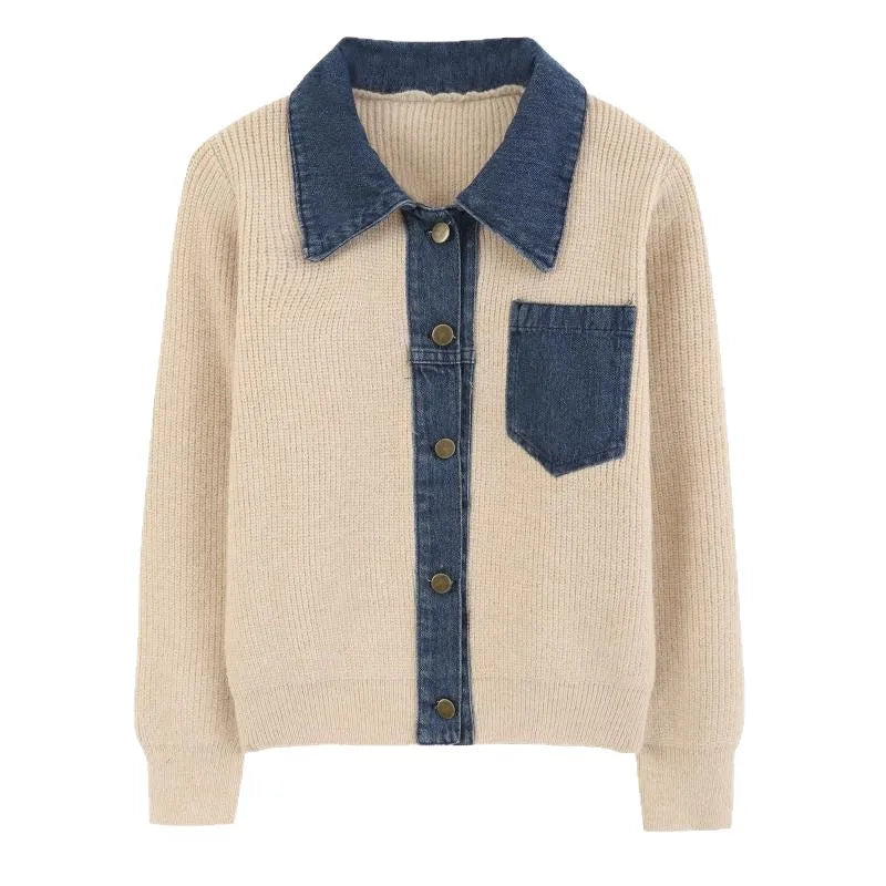 Denim Patchwork Knit Polo Cardigan