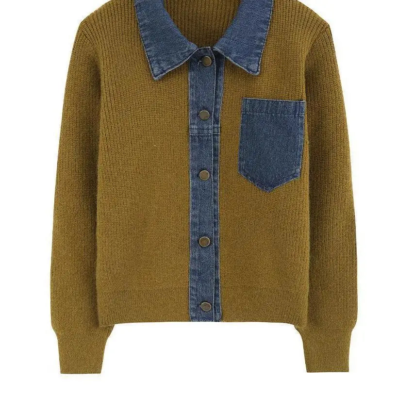 Denim Patchwork Knit Polo Cardigan