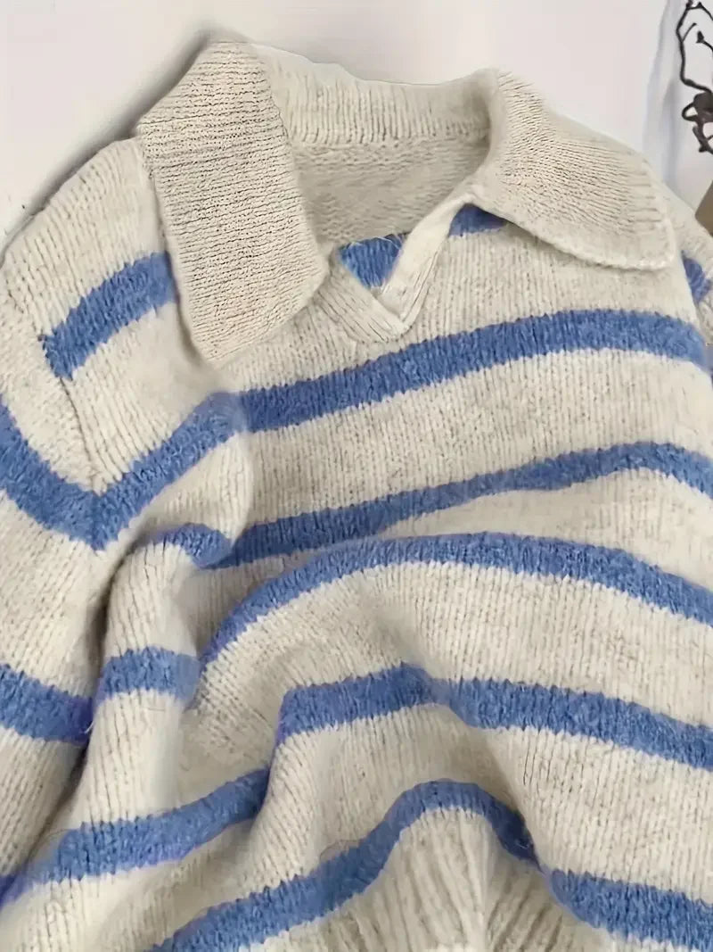 Striped Polo Collar Knit Hoodie