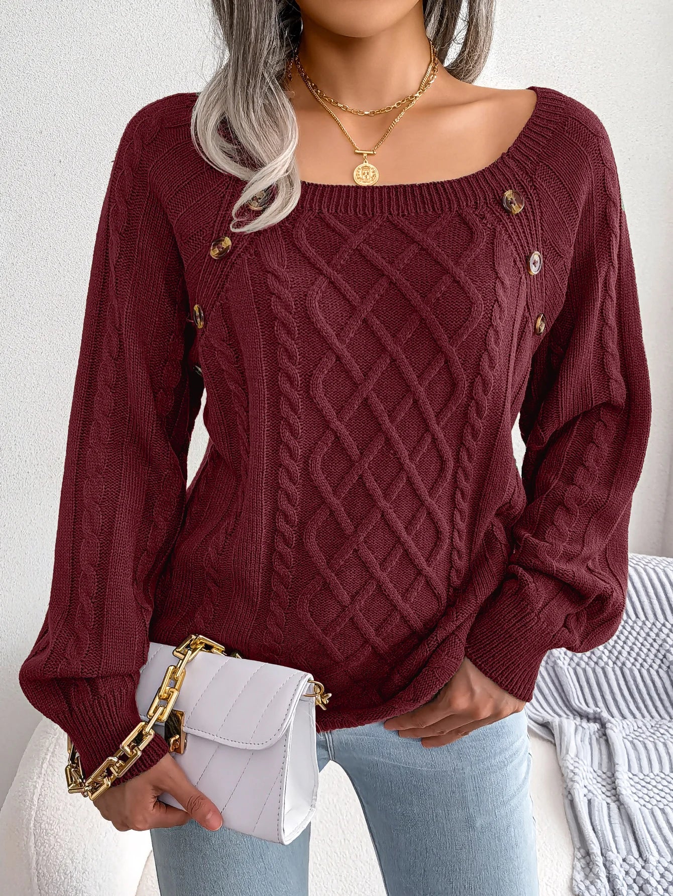 Square Collar Button Detail Knit Pullover