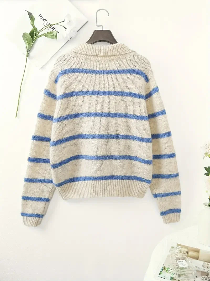 Striped Polo Collar Knit Hoodie