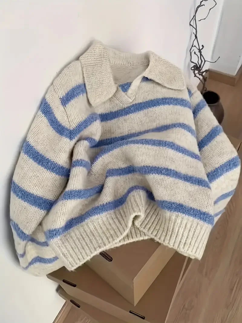 Striped Polo Collar Knit Hoodie