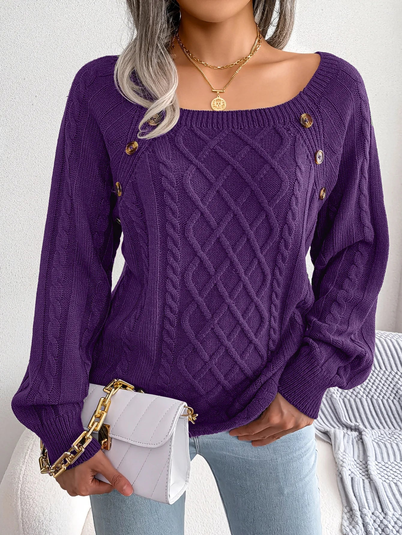 Square Collar Button Detail Knit Pullover