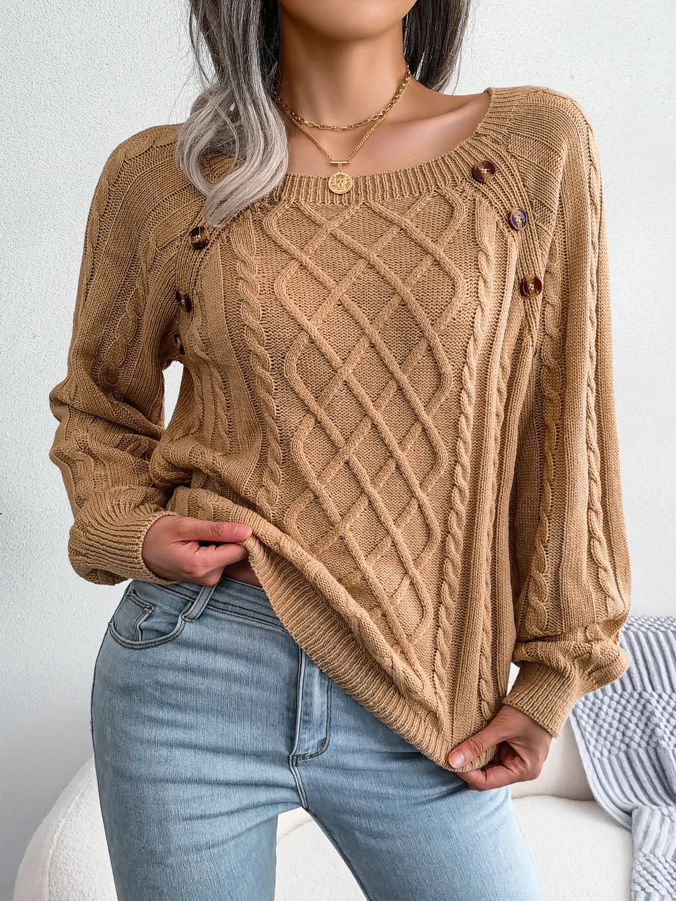 Square Collar Button Detail Knit Pullover