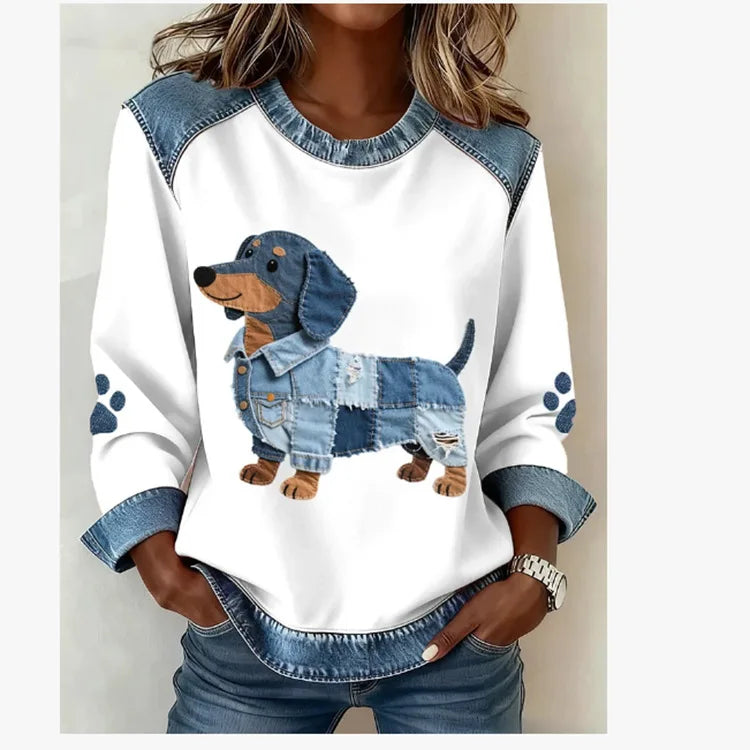 Denim Panel Plaid Crewneck Sweatshirt