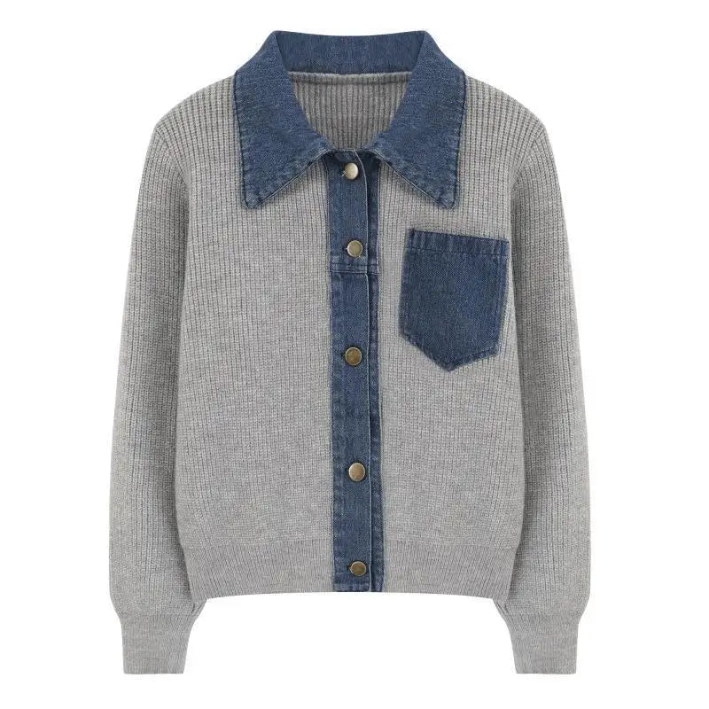 Denim Patchwork Knit Polo Cardigan