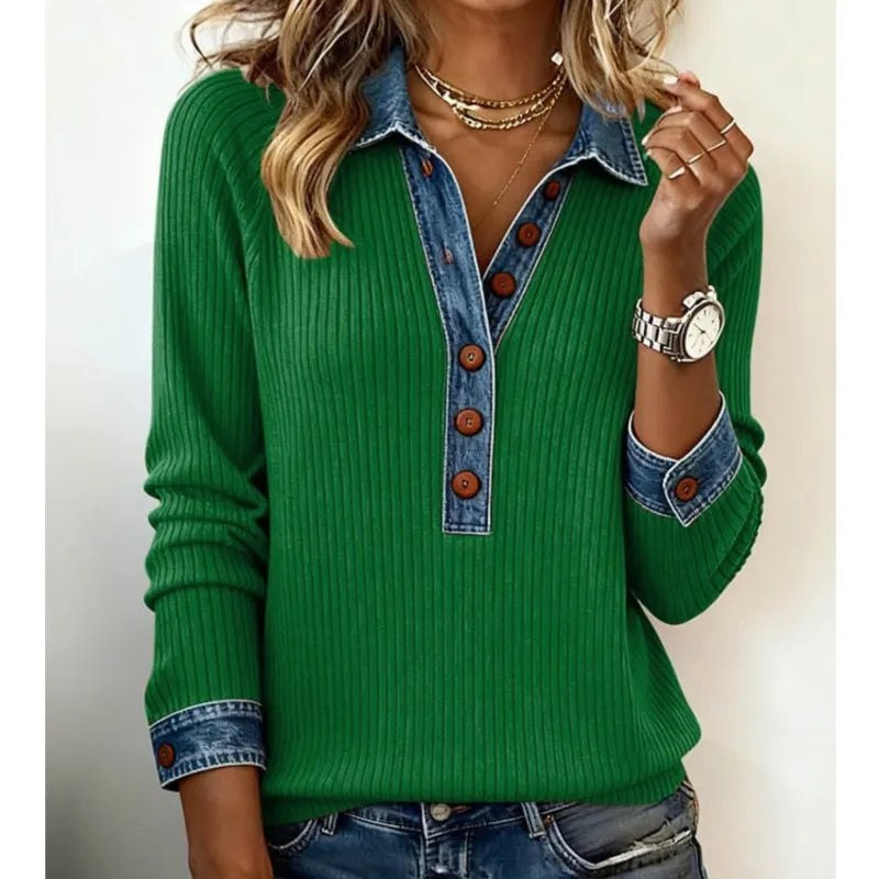 Lapel Patchwork Knit Sweater