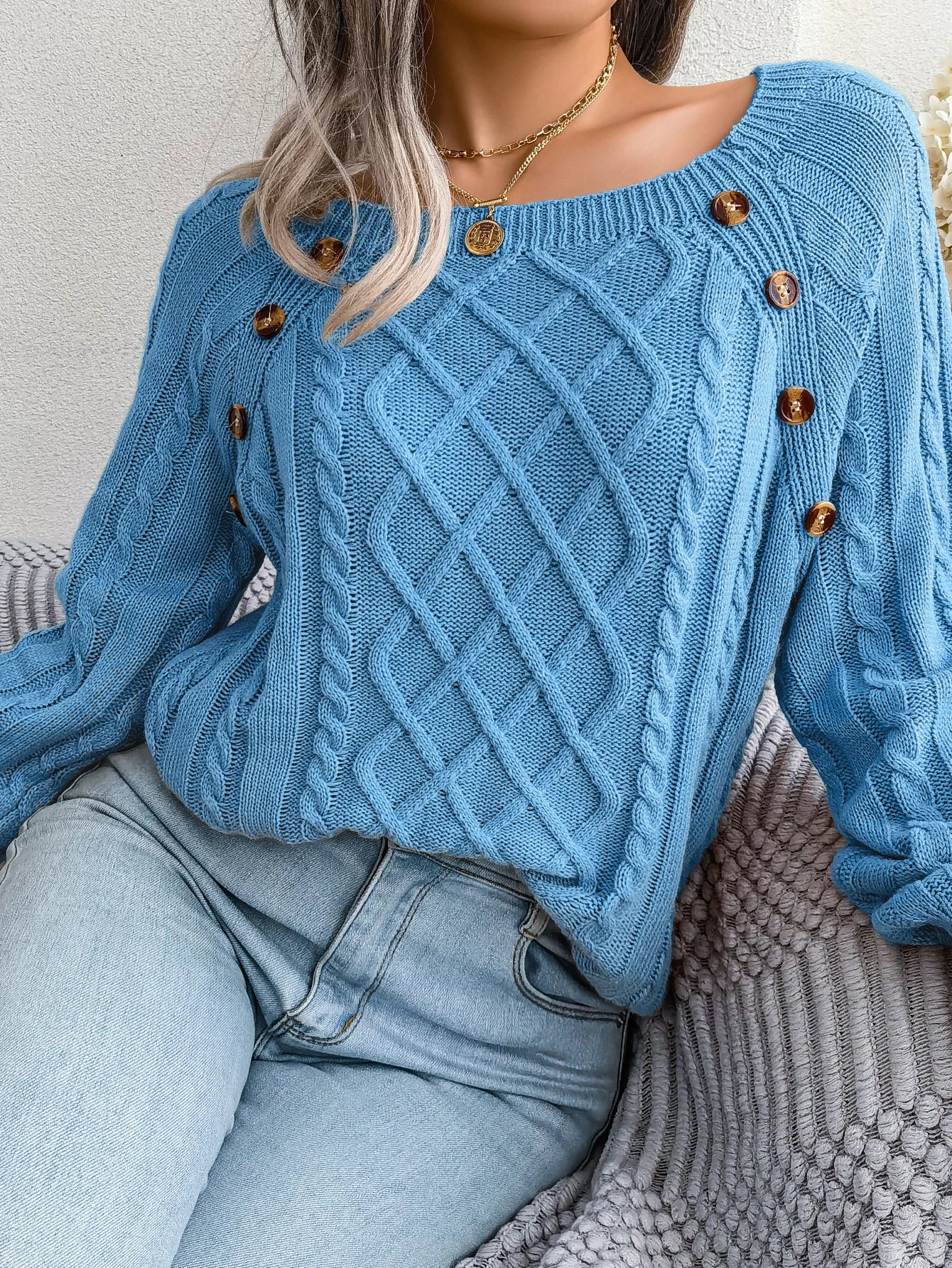 Square Collar Button Detail Knit Pullover