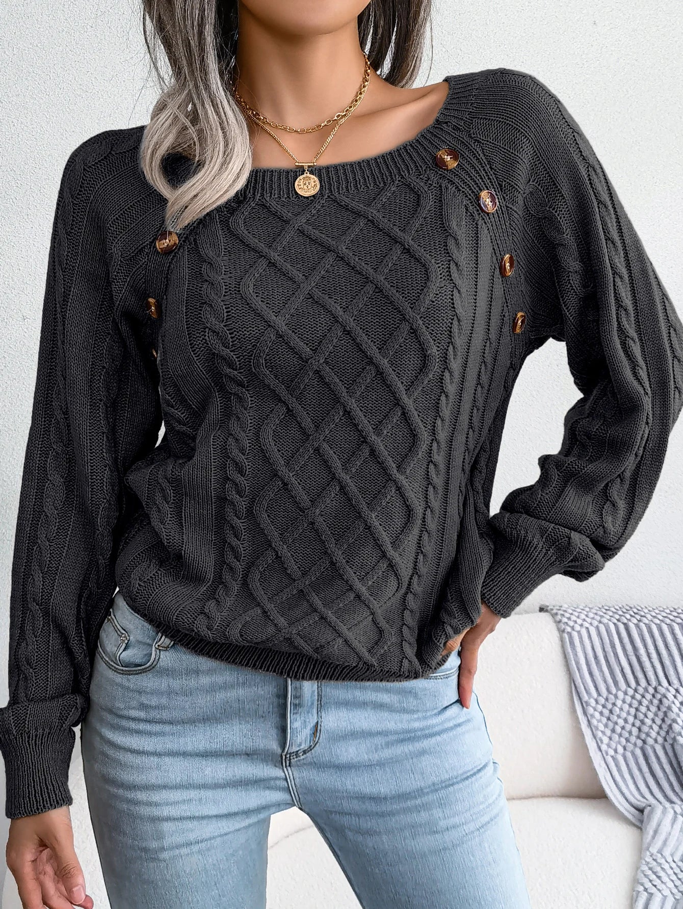 Square Collar Button Detail Knit Pullover