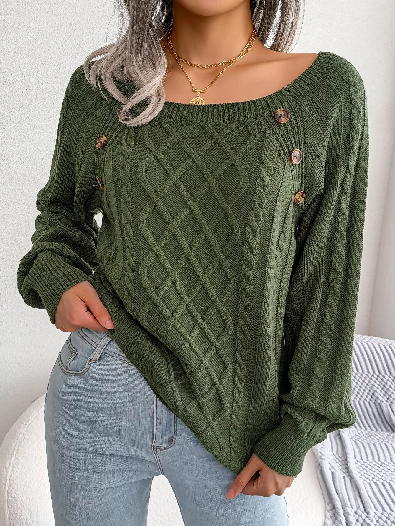 Square Collar Button Detail Knit Pullover