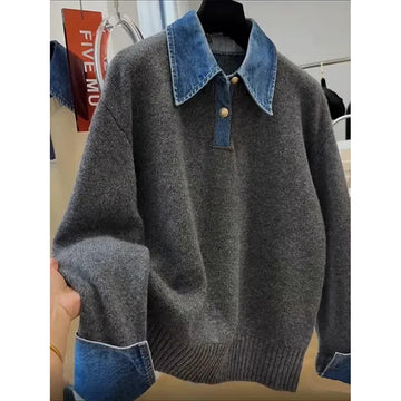 Denim Patchwork Knit Sweater