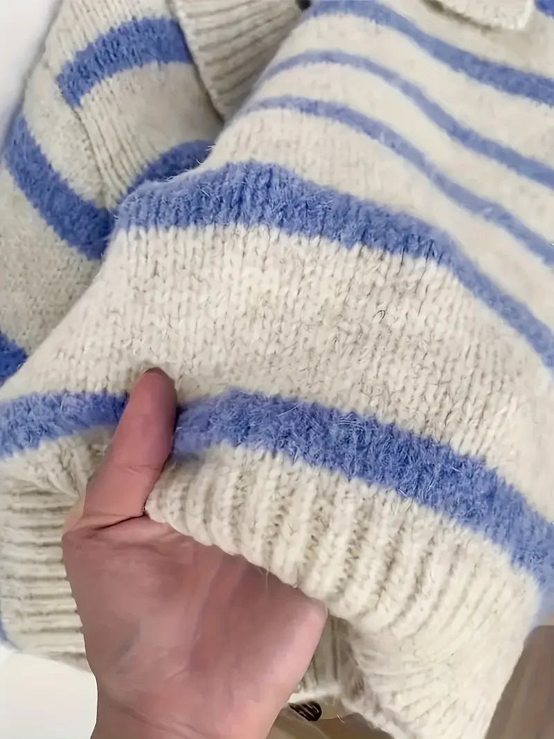 Striped Polo Collar Knit Hoodie