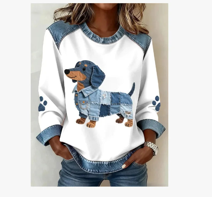 Denim Panel Plaid Crewneck Sweatshirt