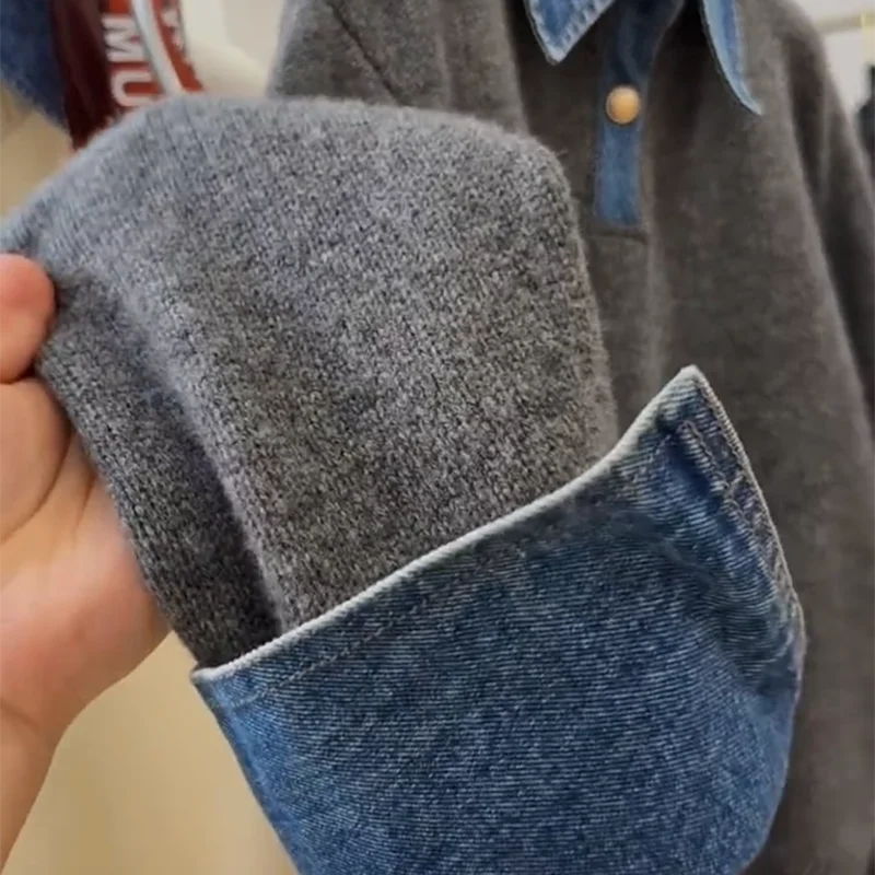 Denim Patchwork Knit Sweater
