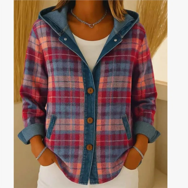 Retro Plaid Hooded Patchwork Cardigan