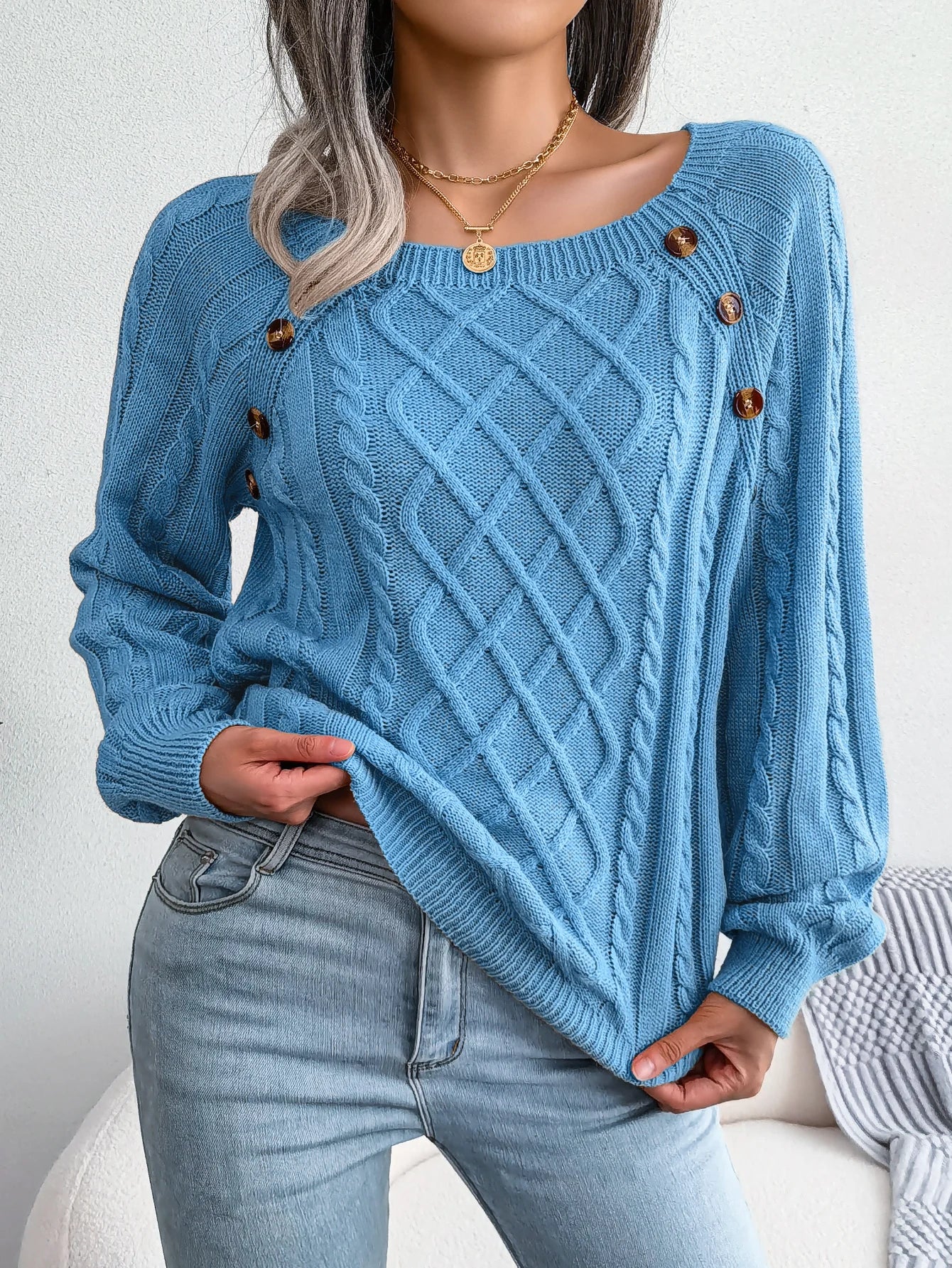 Square Collar Button Detail Knit Pullover