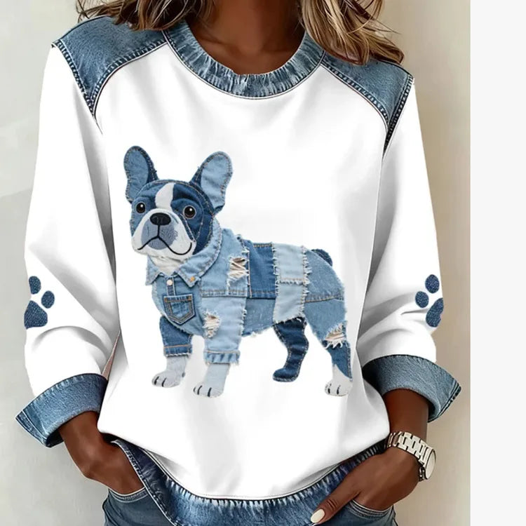 Denim Panel Plaid Crewneck Sweatshirt