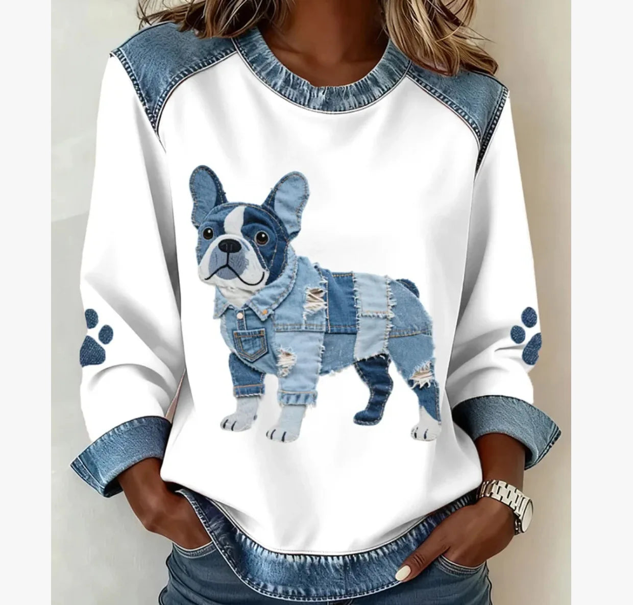 Denim Panel Plaid Crewneck Sweatshirt