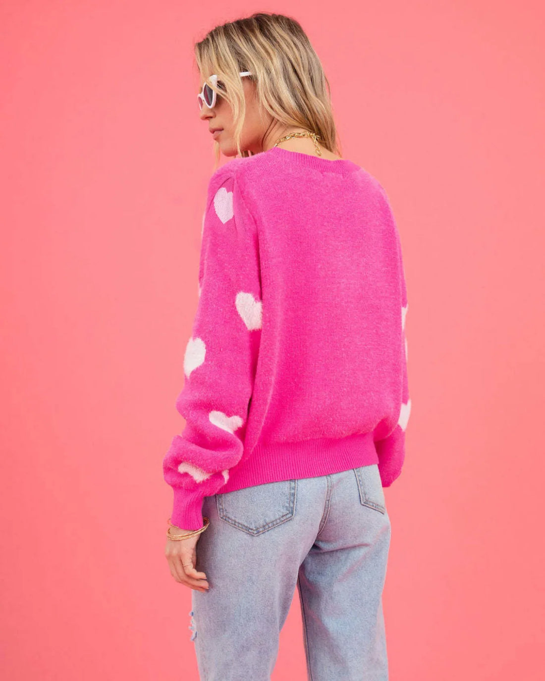 Hot Pink Heart Pattern Oversized Sweater