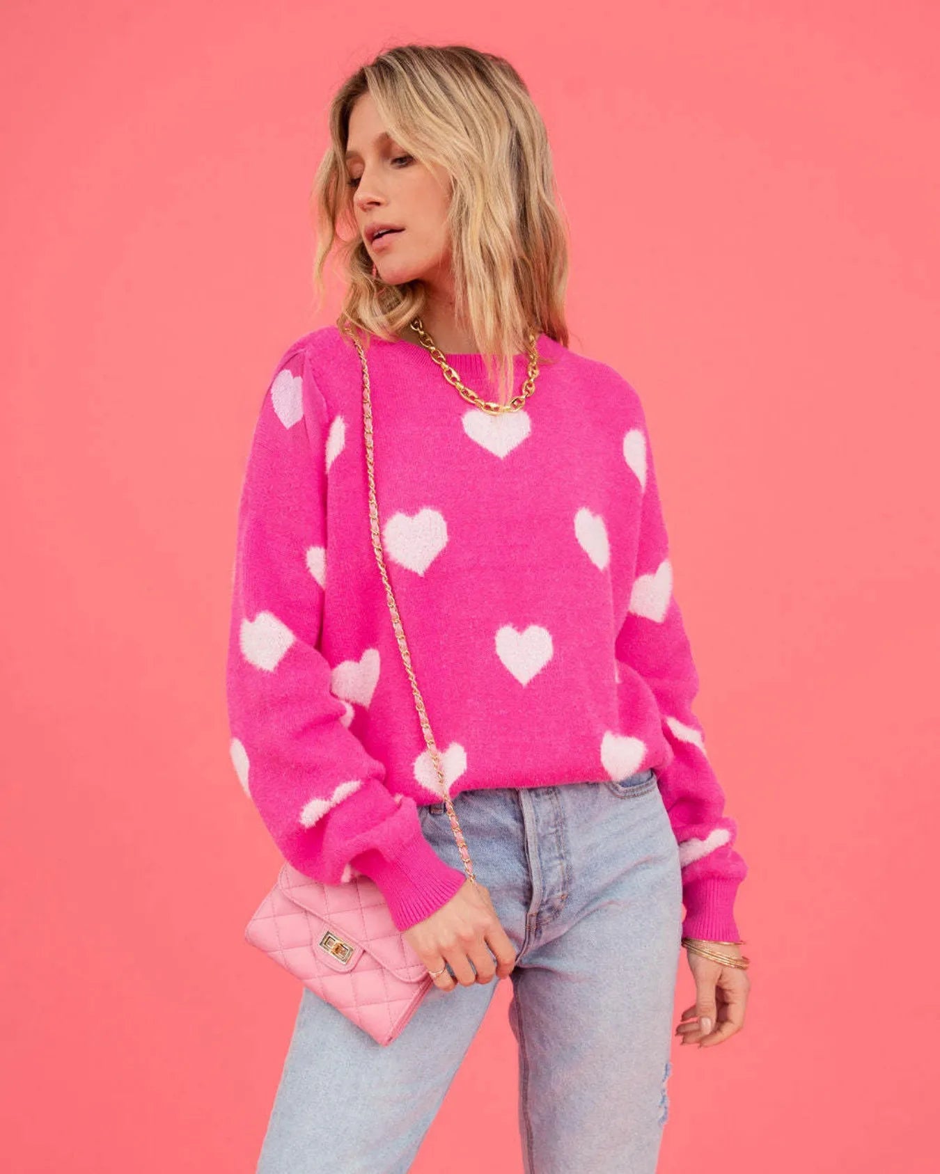 Hot Pink Heart Pattern Oversized Sweater