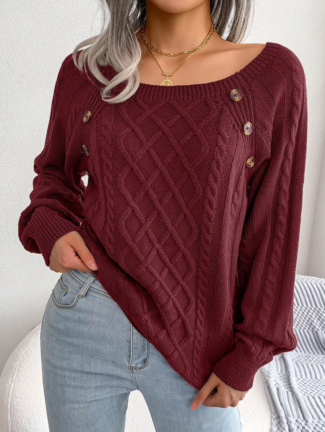 Square Collar Button Detail Knit Pullover