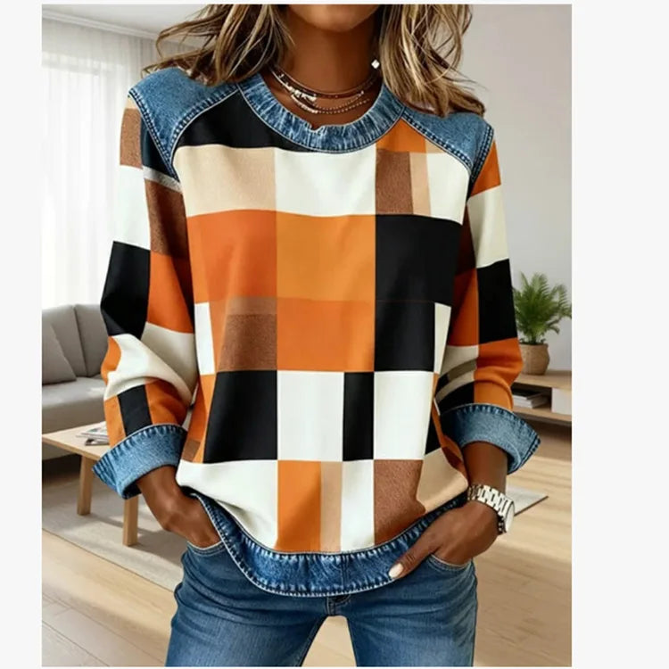 Denim Panel Plaid Crewneck Sweatshirt