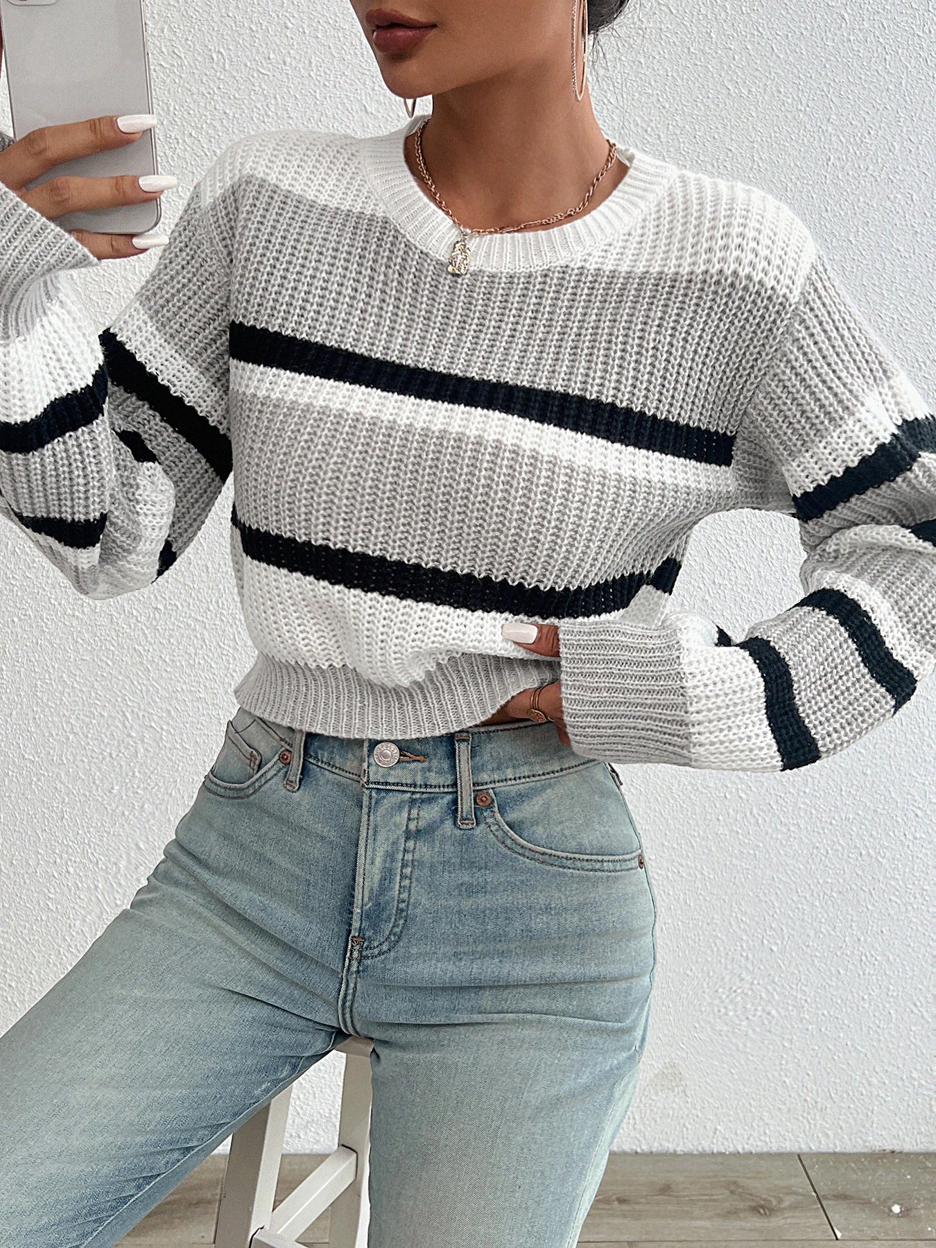Drop Shoulder Color Match Knit Sweater