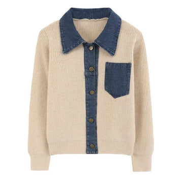 Denim Patchwork Knit Polo Cardigan