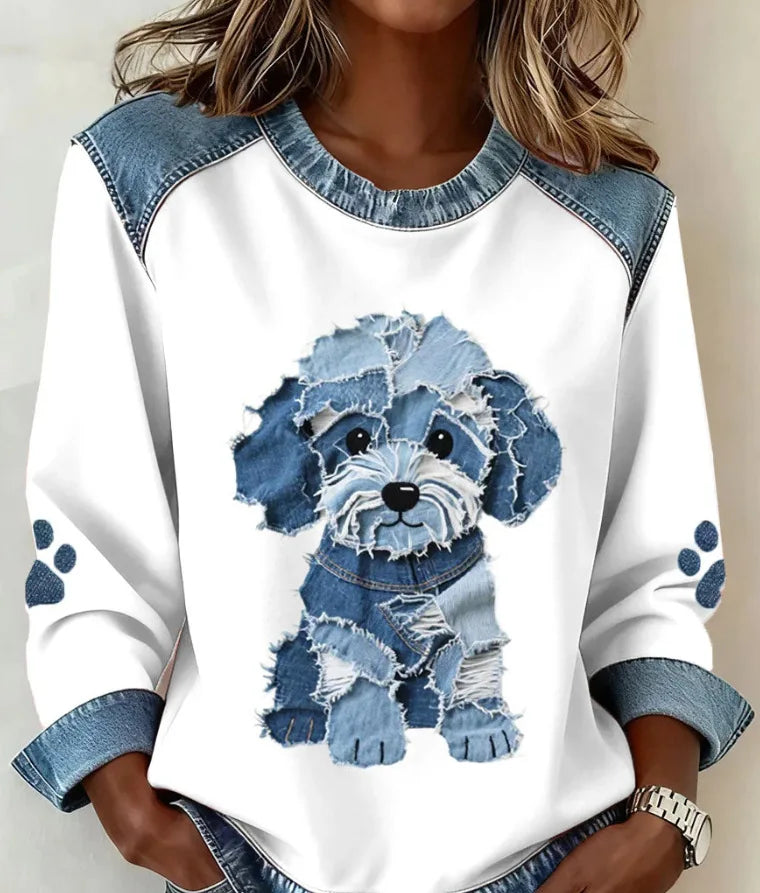 Denim Panel Plaid Crewneck Sweatshirt