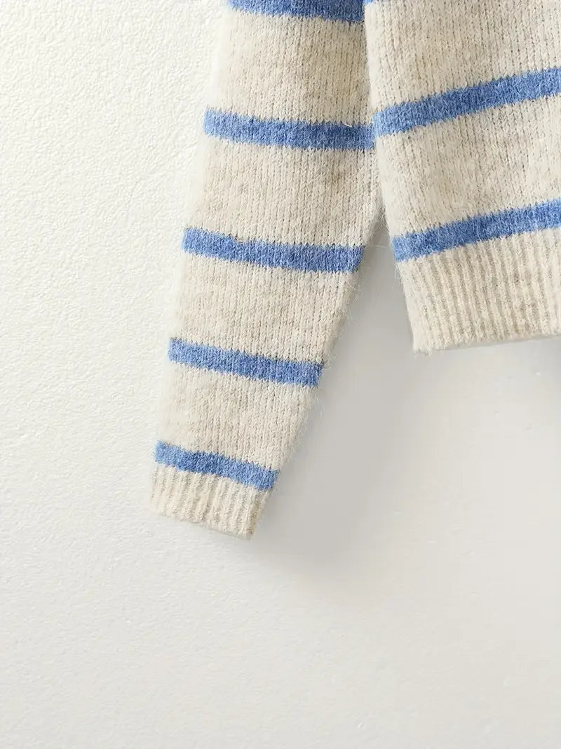 Striped Polo Collar Knit Hoodie