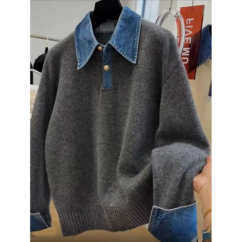 Denim Patchwork Knit Sweater