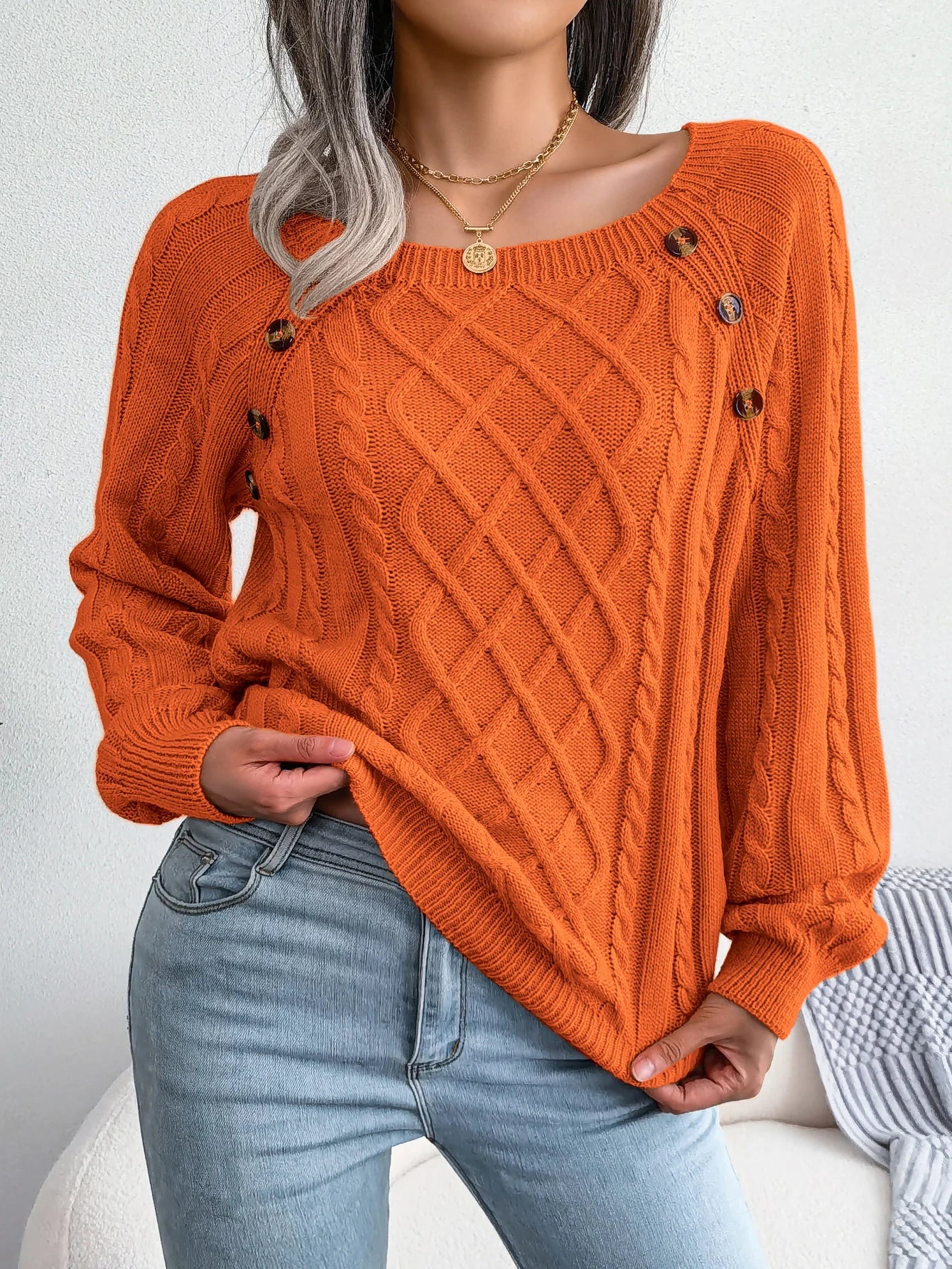 Square Collar Button Detail Knit Pullover