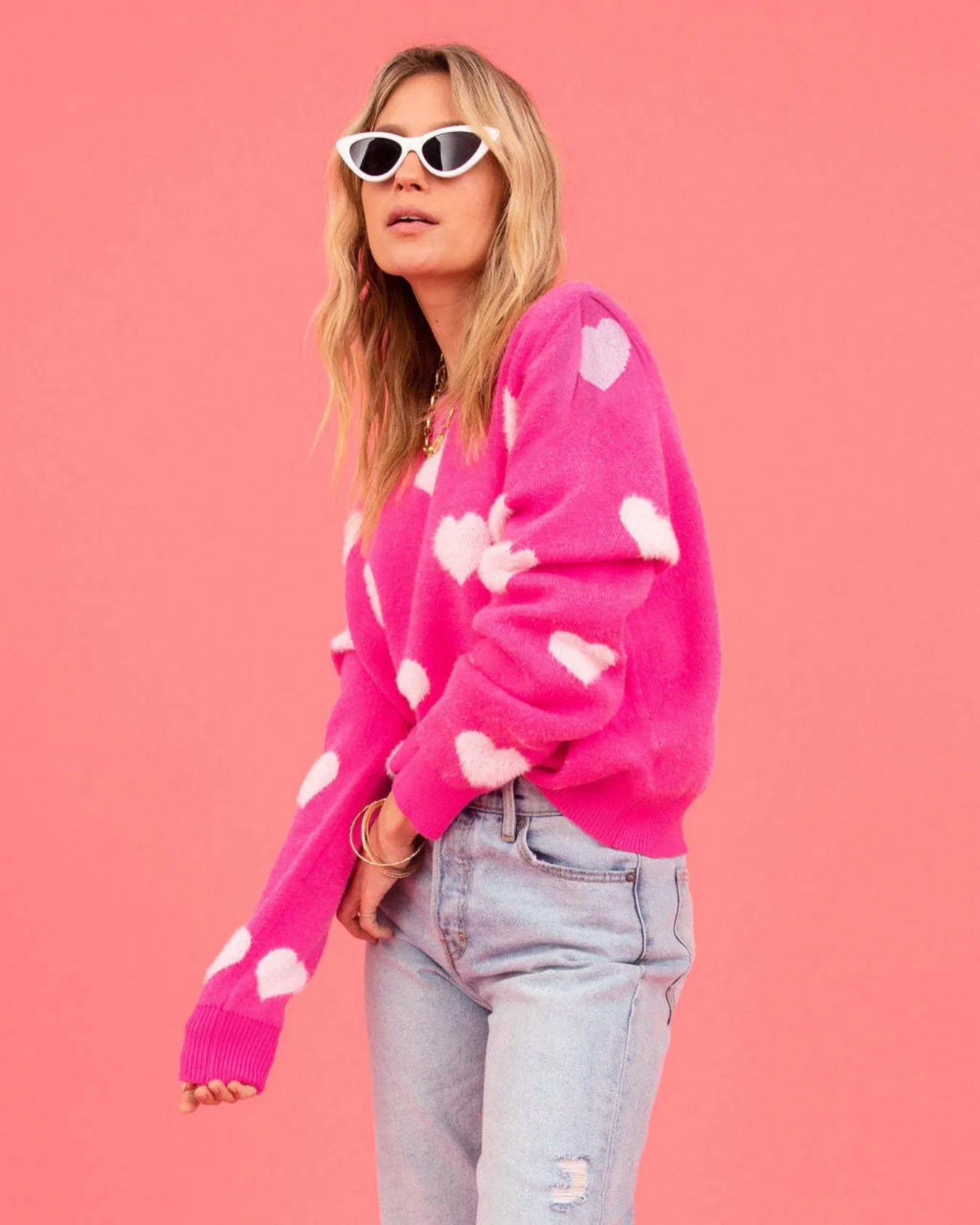 Hot Pink Heart Pattern Oversized Sweater
