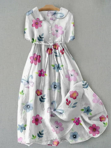 Womens Floral Print Dress - Breathable Cotton-Linen Summer Style
