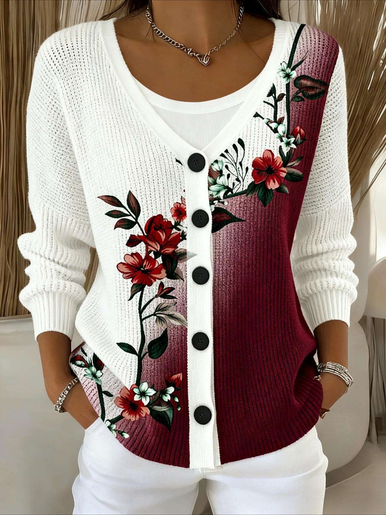 Romantic Rose Print Burgundy Cardigan