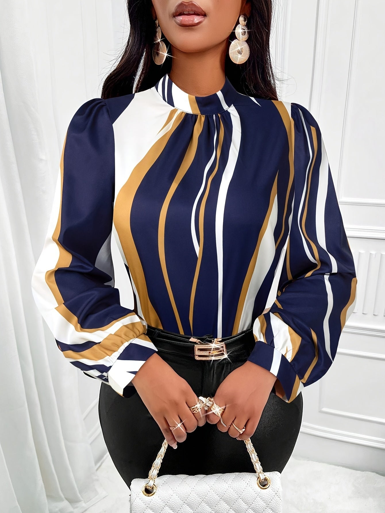 Abstract Print Mock Neck Blouse