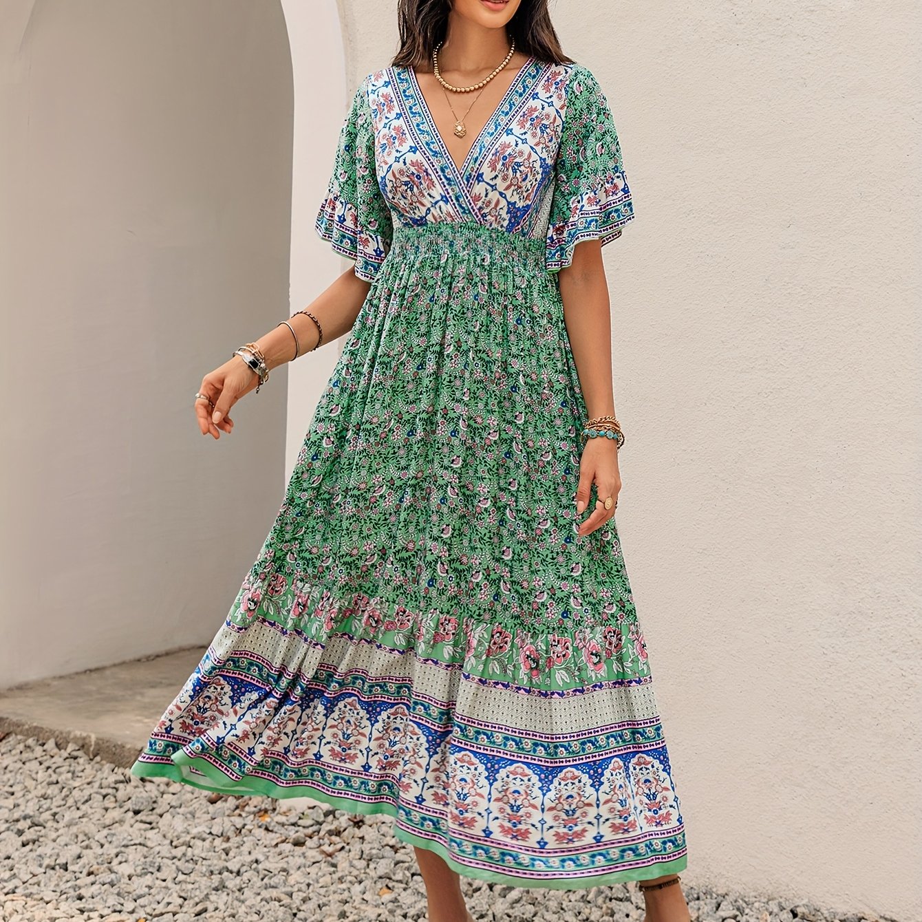 Rustic Floral V-Neck Maxi Dress
