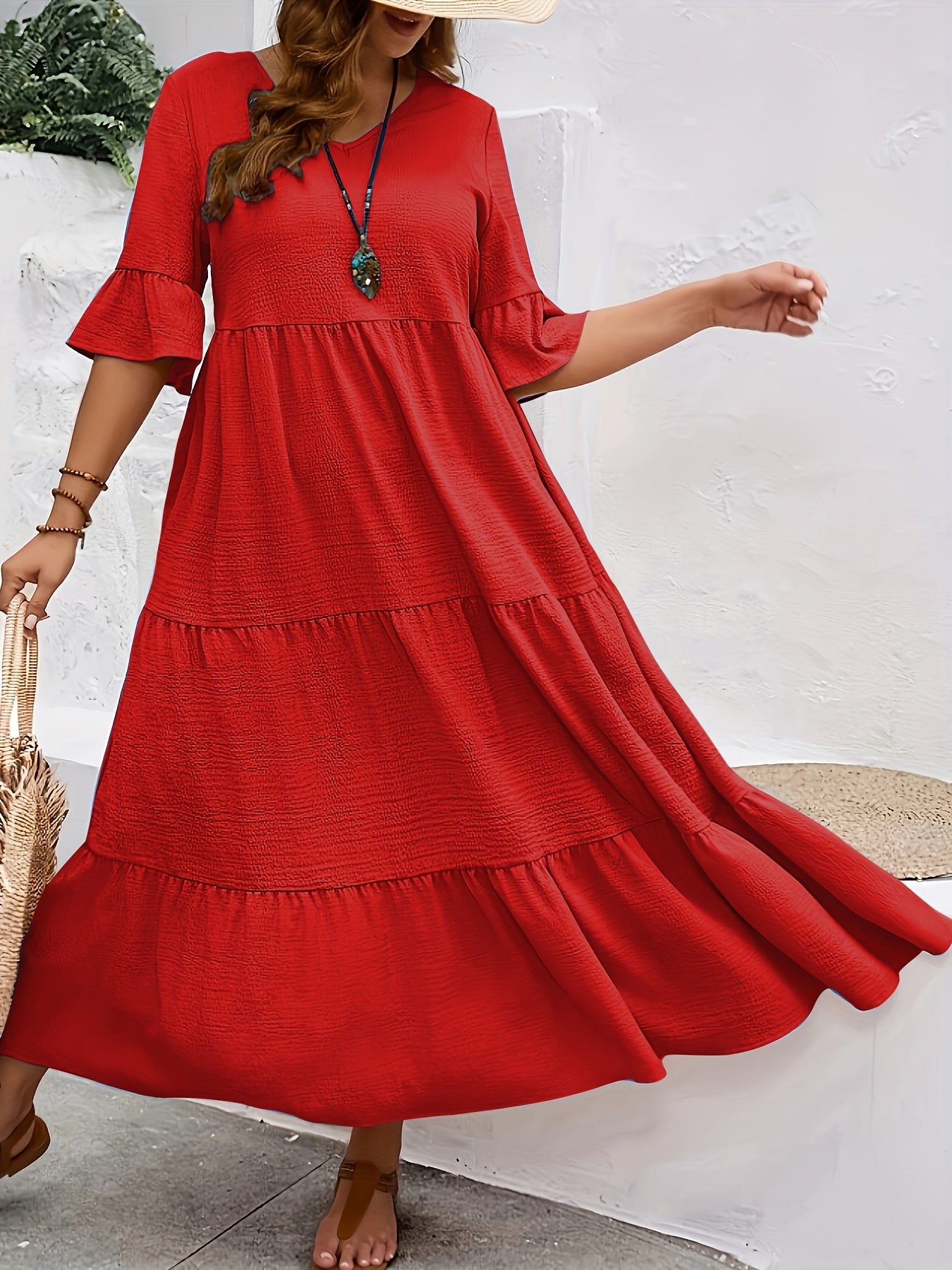 Solid V-Neck Flared Midi Dress