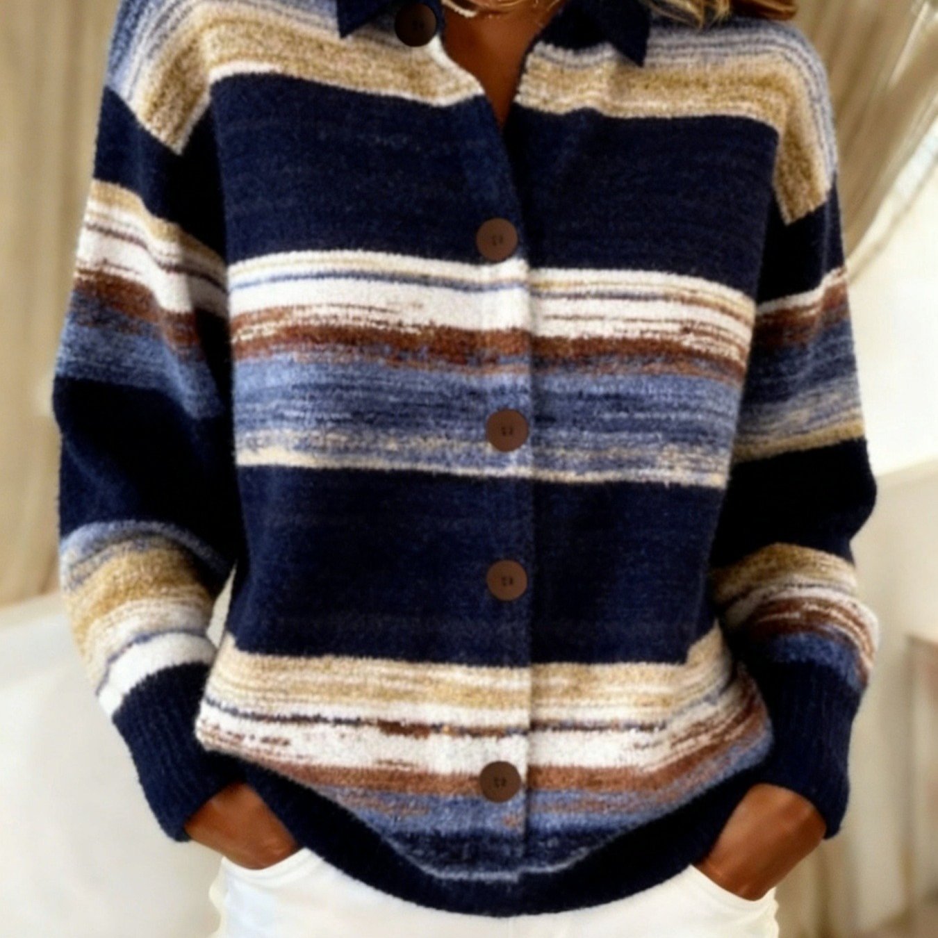 Retro Striped Button-Up Cardigan