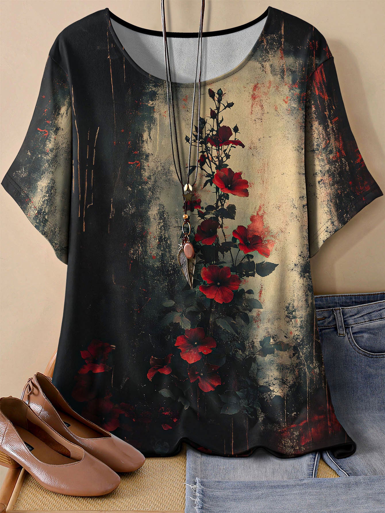Casual Floral Crew Neck T-Shirt
