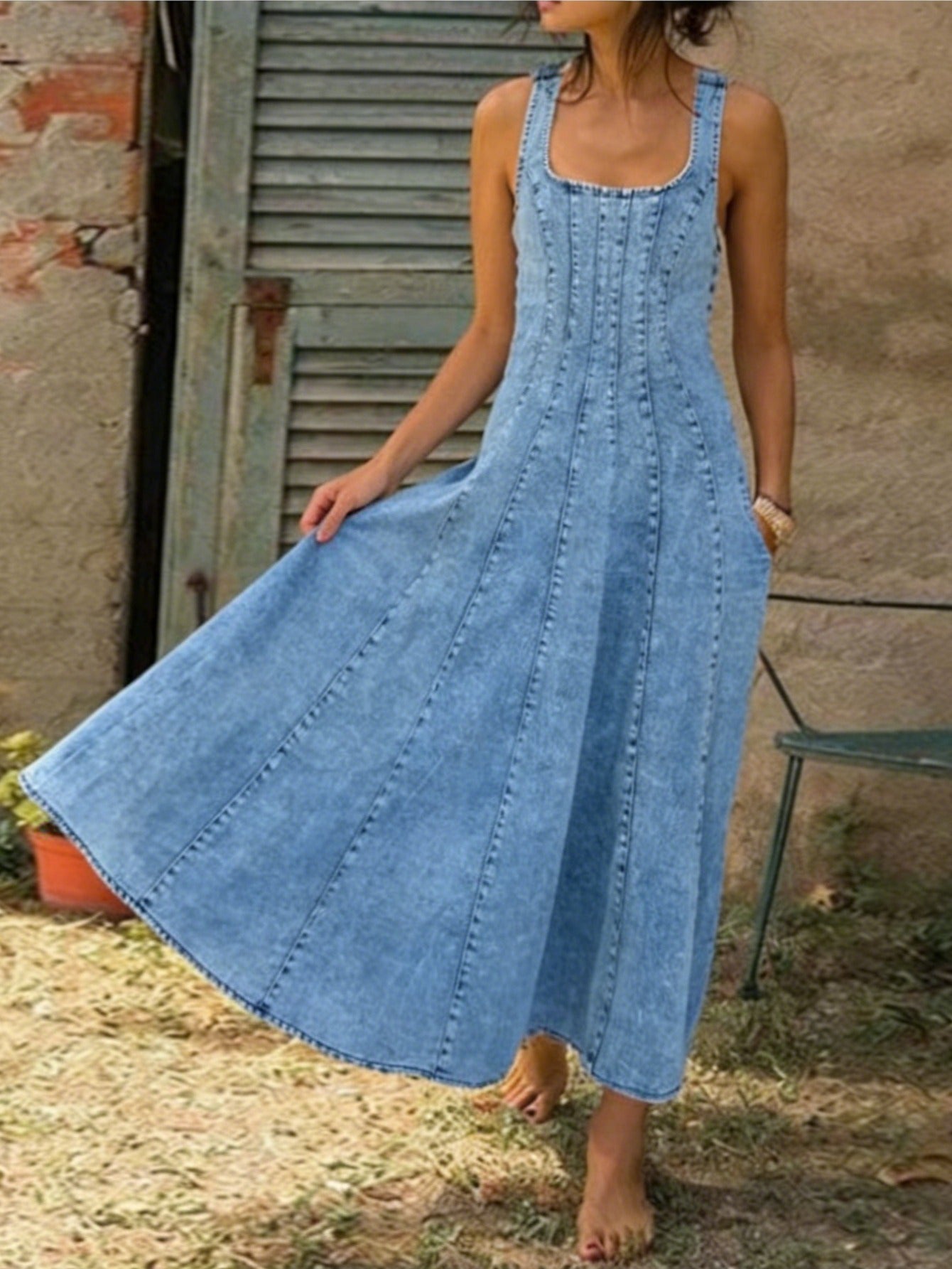 Washed Denim Long Dress