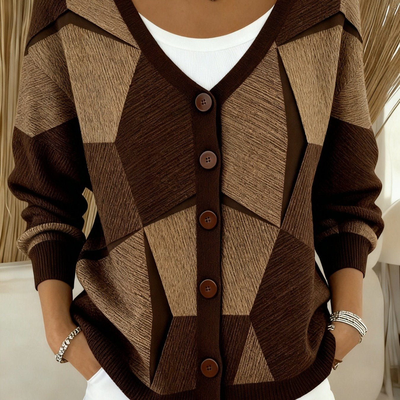 Geometric Print V-Neck Cardigan Jacket