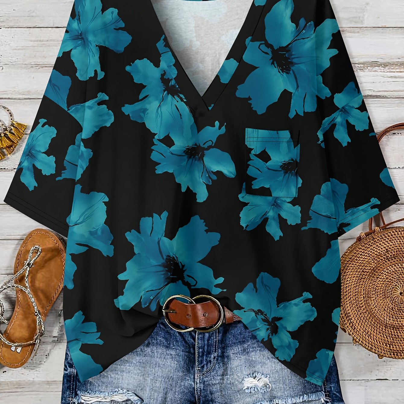 Blue Floral V-Neck Pocket Top