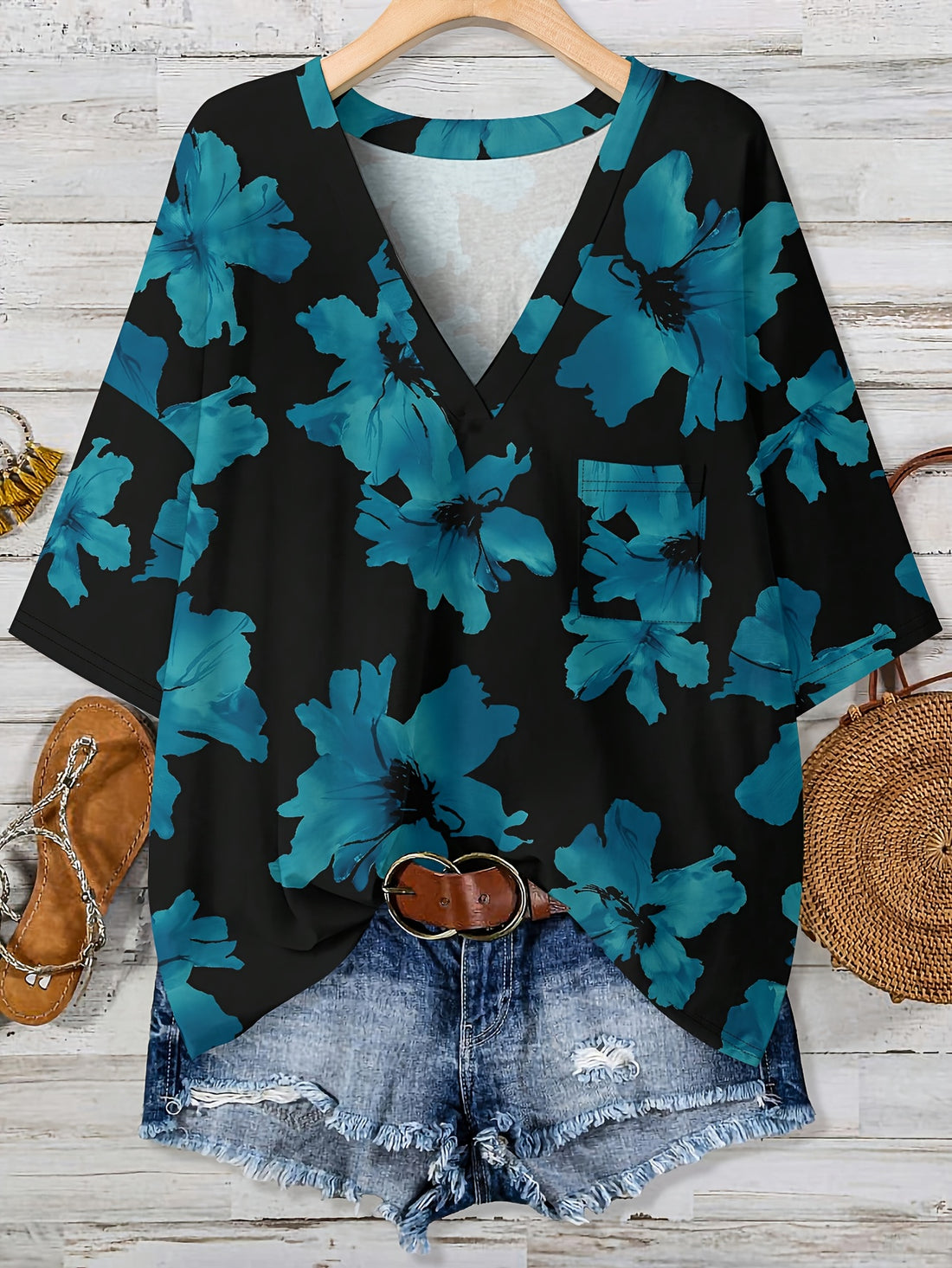 Blue Floral V-Neck Pocket Top