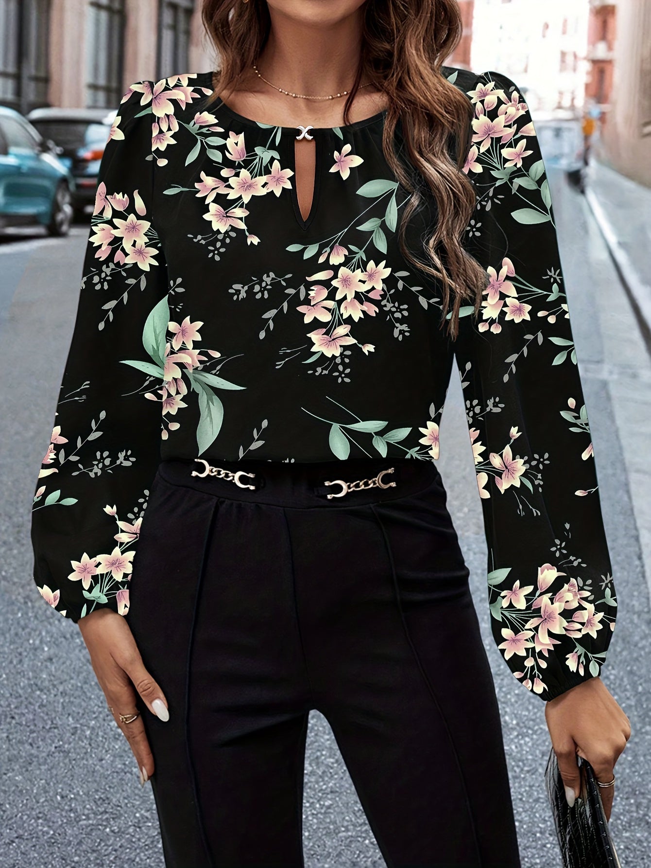 Printed Crew Neck Blouse with Metal Detail